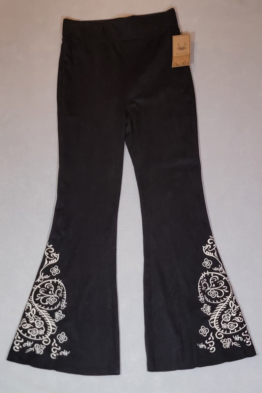 Bad Little Country Girl NWT Faux Suede Flare Pants Black Cream Embroidered M